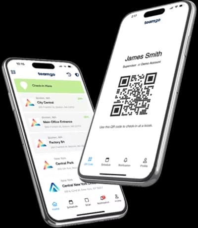 Mobile app interface showing visitor check-in and QR code