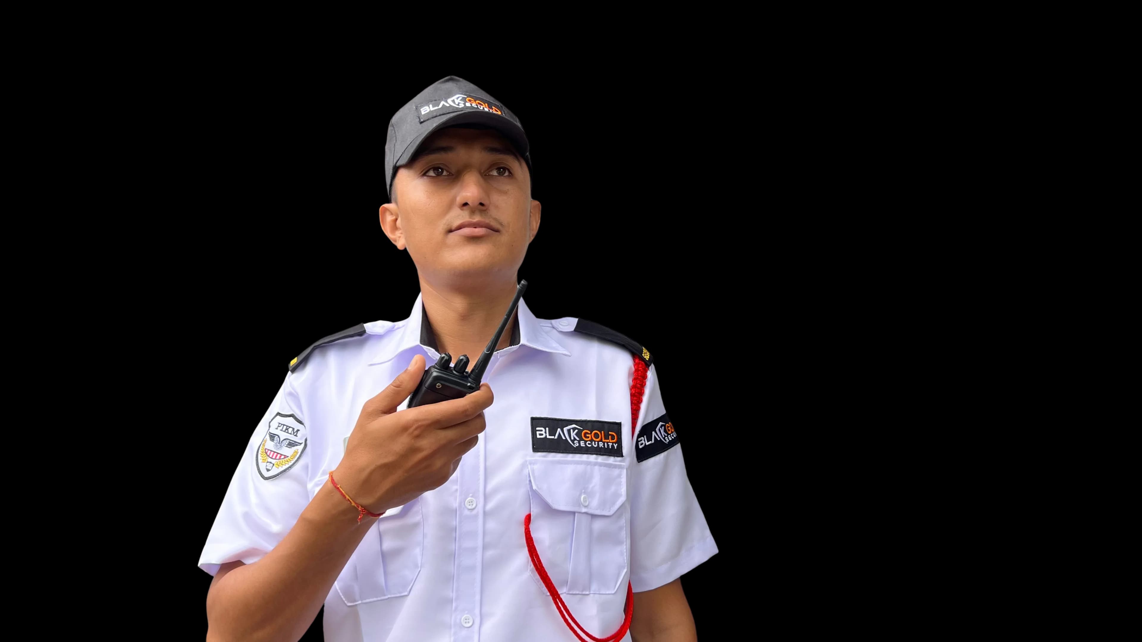 Security guard with body camera and radio