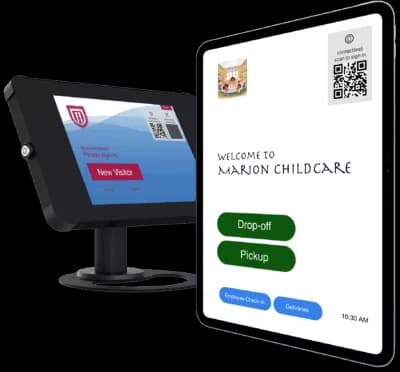 Visitor check-in kiosk with tablet and badge printer