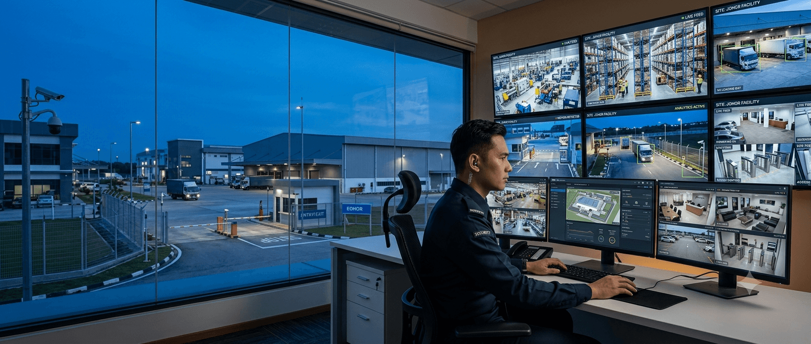 Security officer monitoring enterprise CCTV feeds across multiple screens at a control room in Johor